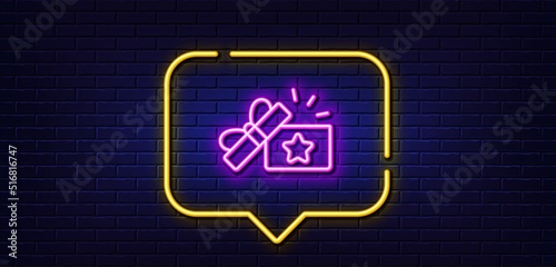 Neon light speech bubble. Loyalty gift box line icon. Bonus points. Discount program symbol. Neon light background. Loyalty gift glow line. Brick wall banner. Vector