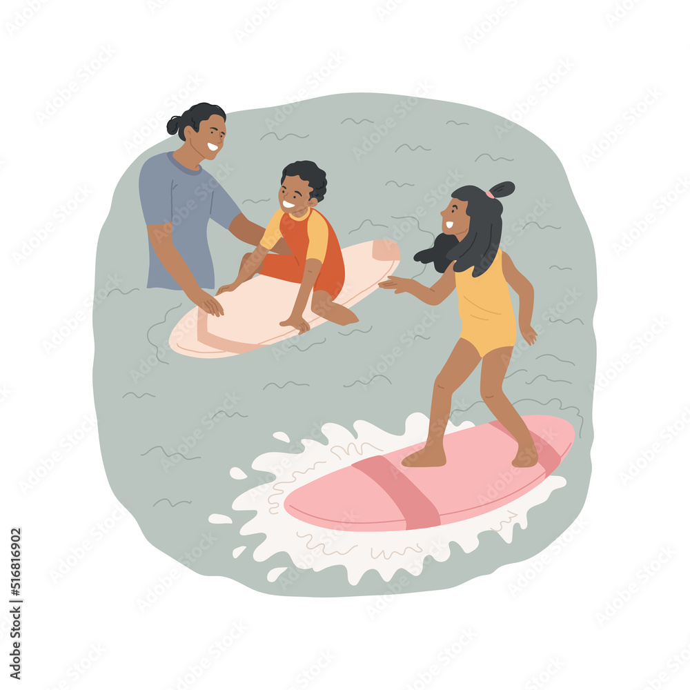 Fototapeta premium Surfing isolated cartoon vector illustration. Holiday resort activity, family surfing class, children standing up on a surfboard, beach sport, kid catching wave, ocean adventure vector cartoon.