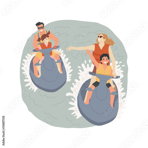 Jet ski isolated cartoon vector illustration. Family members on two jet ski, kid waving hand, enjoying the ride, carribean style, summer recreational activity, seaside resort vector cartoon.