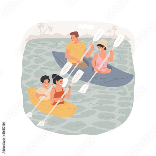 Caribbean kayaking isolated cartoon vector illustration. Kayaking sea tour, family sitting in two kayaks, parents and kids paddling, wearing swimming suits, seaside activity vector cartoon.