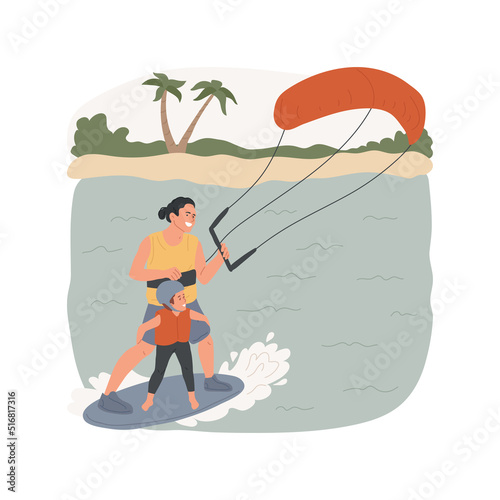 Kitesurfing isolated cartoon vector illustration. Father and son on kiteboard, active family, kitesurfing with children, watersport, seaside activity, kite flying lesson vector cartoon.