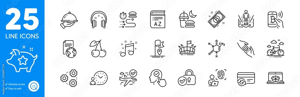 Outline icons set. Change card, Flag and Time management icons. Translation service, Online delivery, Helping hand web elements. Night eat, Bitcoin, Arena signs. Bike rental, Gears. Vector Outline icons set. Change card, Flag and Time management icons. Translation service, Online delivery, Helping hand web elements. Night eat, Bitcoin, Arena signs. Bike rental, Gears. Vector