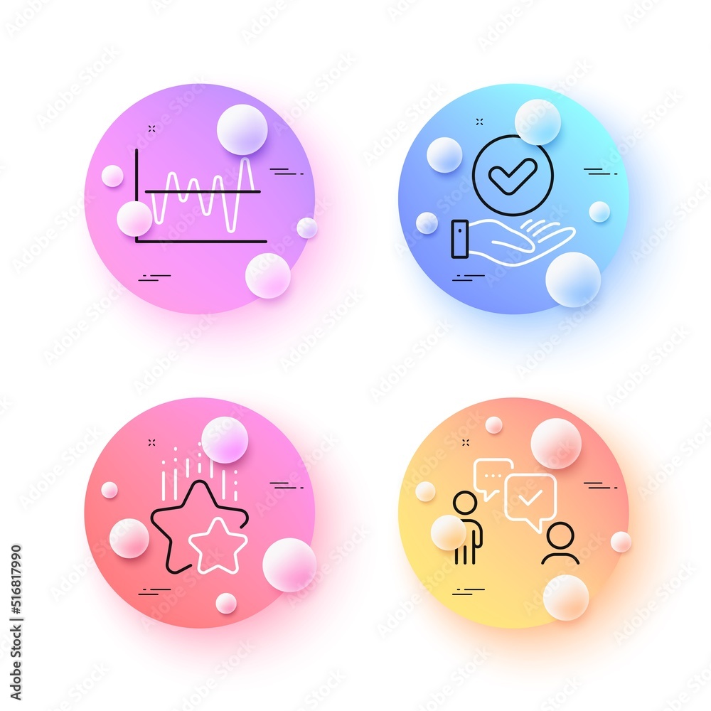 Consulting business, Ranking stars and Approved checkbox minimal line icons. 3d spheres or balls buttons. Stock analysis icons. For web, application, printing. Vector