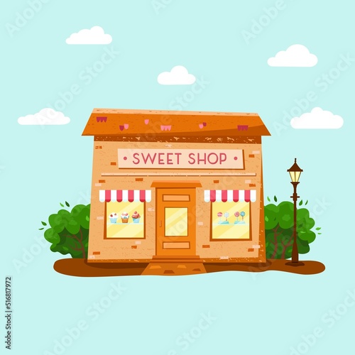 Hand drawn vector illustration with sweet shop building with texture in flat cartoon style for poster, banner, decor, flyer, business card, invitation, opening, advertising, print, label, template