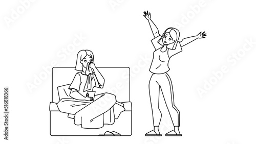 Sick And Healthy Girl Happiness After Ill Vector. Sickness Lady Sitting On Sofa And Treatment Disease, Healthy Happy Woman Enjoying Health And Life. Characters black line illustration