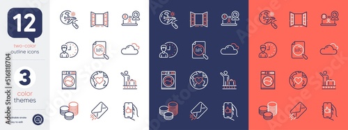 Set of Search flight, Washing machine and Tips line icons. Include Donation, E-mail, Search file icons. Working hours, Cloudy weather, Like app web elements. Video conference, Open door. Vector