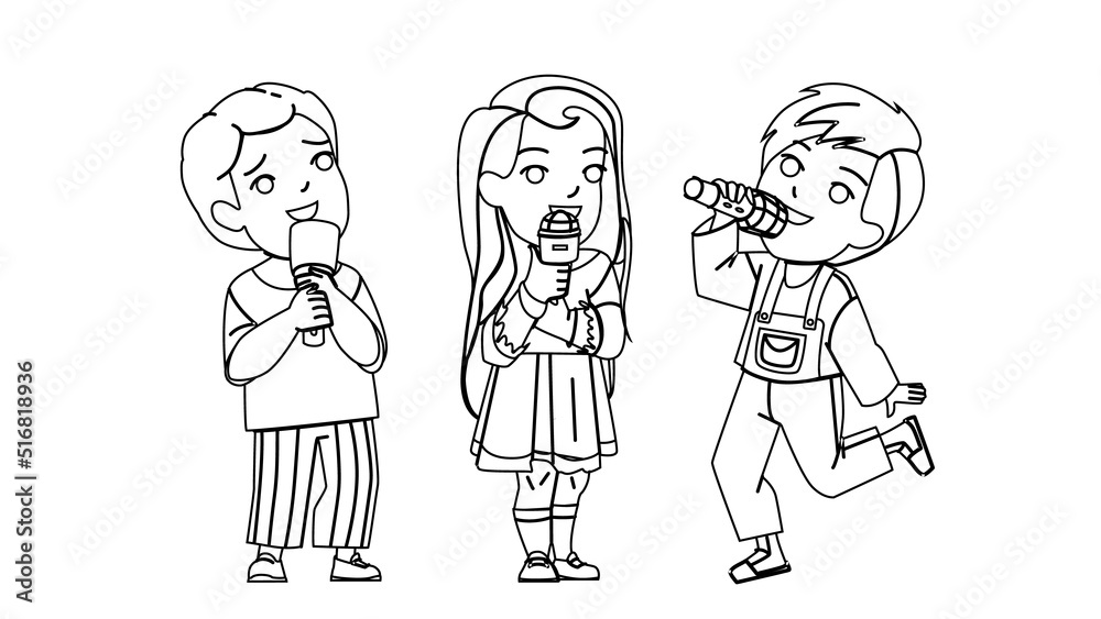 Boy And Girl Children Singing Song Together Vector. Schoolboy And Schoolgirl Kids Singing On Festival Party In Microphone. Happiness Characters Enjoyment And Relaxation black line illustration Boy And Girl Children Singing Song Together Vector. Schoolboy And Schoolgirl Kids Singing On Festival Party In Microphone. Happiness Characters Enjoyment And Relaxation black line illustration
