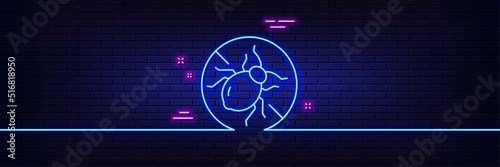 Neon light glow effect. Mattress bed bugs line icon. Hypoallergenic sign. Anti-allergic symbol. 3d line neon glow icon. Brick wall banner. Bed bugs outline. Vector