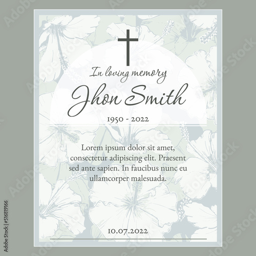 funeral card template with green and blue floral background illustration