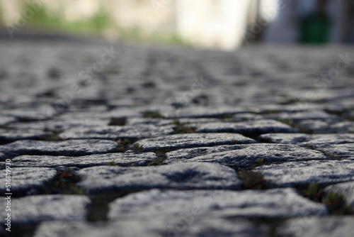 Close-up of the old Parisian pavement, partly out of focus