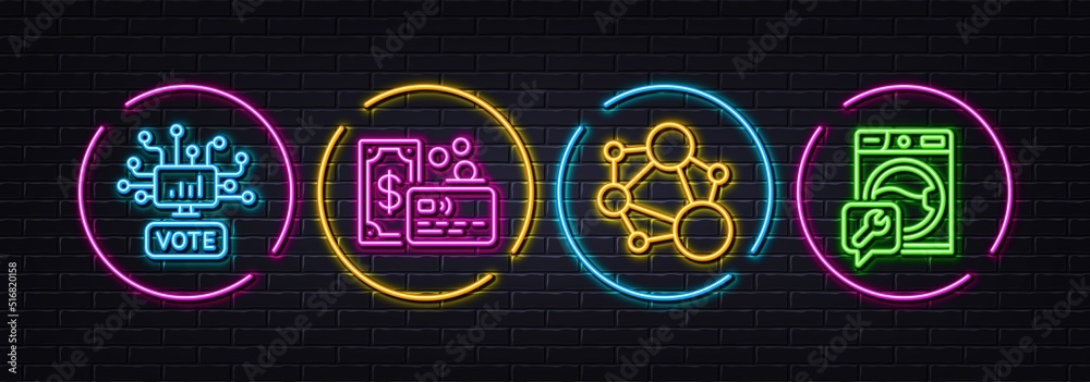 Fototapeta premium Card, Online voting and Integrity minimal line icons. Neon laser 3d lights. Washing machine icons. For web, application, printing. Bank payment, Web campaign, Social network. Repair service. Vector