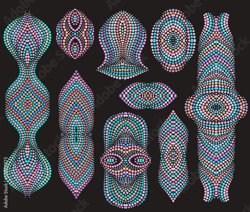 Bright bohemian ethnic cliche with dots and decorative elements. Vector set of various ornaments, deco template. Fashion trendy print for needlework, beading, gift, design, for women's clothing.