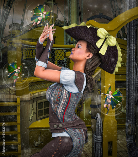 giovane donna pirata incontra  tre fate magiche a bordo di un antico vascello photo