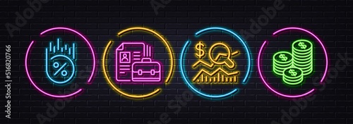 Vacancy, Check investment and Loan percent minimal line icons. Neon laser 3d lights. Coins icons. For web, application, printing. Hiring job, Business report, Discount. Cash money. Vector