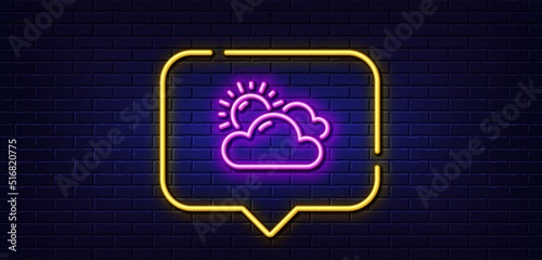 Neon light speech bubble. Sunny weather forecast line icon. Clouds with sun sign. Cloudy sky symbol. Neon light background. Sunny weather glow line. Brick wall banner. Vector