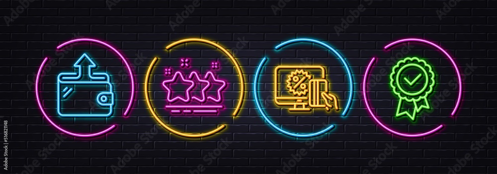 Stars, Online shopping and Wallet minimal line icons. Neon laser 3d lights. Tested stamp icons. For web, application, printing. Ranking stars, Black friday, Send money. Approved award. Vector