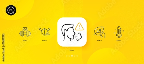 Dumbbell, Cough and Thermometer minimal line icons. Yellow abstract background. Organic tested, Medical mask icons. For web, application, printing. Vector
