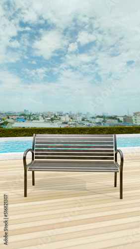 background of outdoor lounging terrace and sofa bench with beautiful swimming pool rooftop , 3D illustration rendering