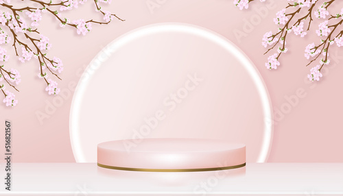 Spring background studio room with 3D Podium Display with Studio room with Cherry blossoming on Pink background,Vector illustration backdrop branches Sakura flower with neon lights and cylinder stand