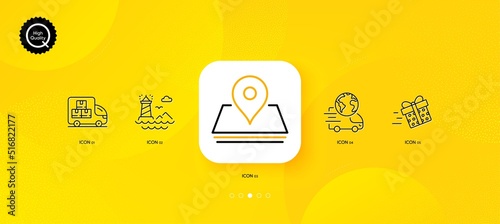 Delivery service, Pin and Present delivery minimal line icons. Yellow abstract background. Lighthouse icons. For web, application, printing. International parcel, Map point, Shopping service. Vector