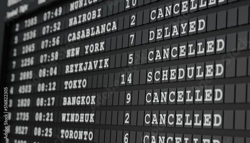 Flight departure board. Close up screen. Flights are cancelled or delayed. International airport, tourism and travel concept. 3D illustration