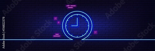 Neon light glow effect. Clock line icon. Time sign. Office Watch or Timer symbol. 3d line neon glow icon. Brick wall banner. Time outline. Vector