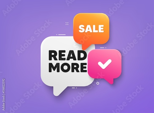 Read More tag. 3d bubble chat banner. Discount offer coupon. Navigation sign. Get description info symbol. Read more adhesive tag. Promo banner. Vector