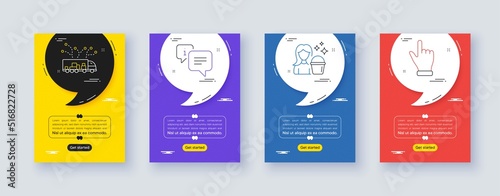Set of Truck delivery, Info and Cleaning line icons. Poster offer frame with quote, comma. Include Click hand icons. For web, application. Logistics, Information chat, Maid service. Vector