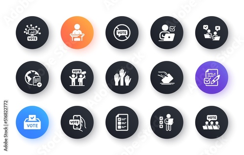 Voting icons. Public Election, Vote Box, Ballot Paper icons. Candidate, Politics voting and People vote. Government election, Raised hands, Document checklist. Online poll result. Vector