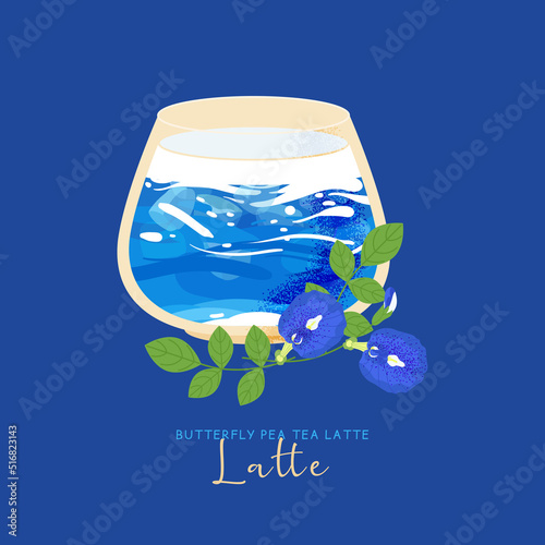 Glass cup of butterfly pea or blue pea tea latte with ice isolated on blue background. Flat vector drink illustration