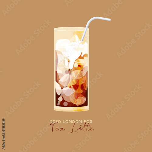 Iced tea latte cold drink isolated on brown background. Iced london fog summer cocktail illustration.