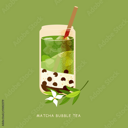Matcha bubble tea, pearl milk tea isolated on green background. Summer cold drink vector illustration