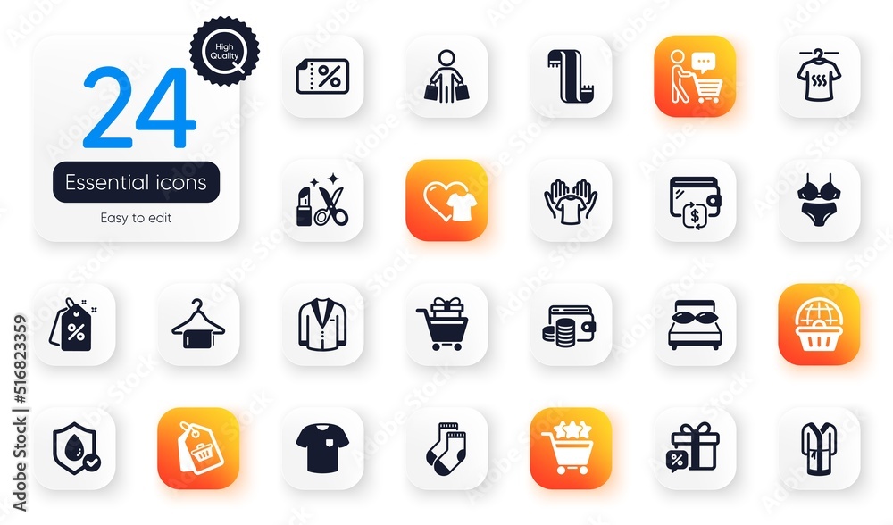 Set of Fashion flat icons. Suit, Wallet and Waterproof elements for web application. Sale tag, Buyer think, Clothing icons. Clean towel, Lingerie, Beauty elements. T-shirt, Pillows. Vector Set of Fashion flat icons. Suit, Wallet and Waterproof elements for web application. Sale tag, Buyer think, Clothing icons. Clean towel, Lingerie, Beauty elements. T-shirt, Pillows. Vector