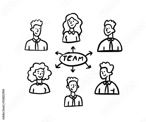 Team office doodle outline. People business portraits sketch drawn.
