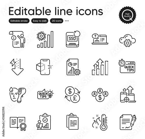 Set of Science outline icons. Contains icons as Currency exchange, Inspect and Manual doc elements. Education idea, Signing document, Energy drops web signs. Augmented reality. Vector