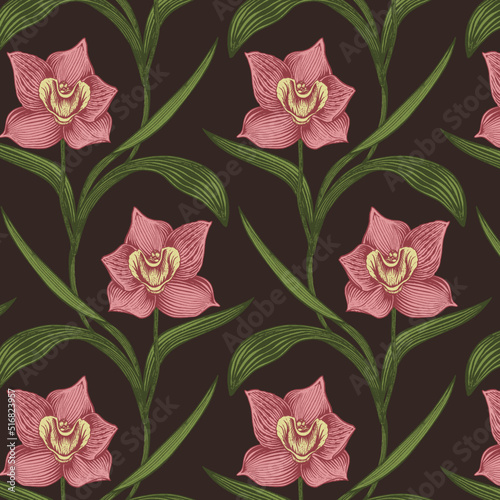 Seamless Vector Pattern with Pink Orchid Flowers on Dark Brown Background