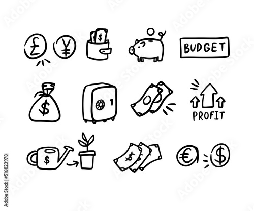 Money cash drawings doodle outline icons. Sketches currency