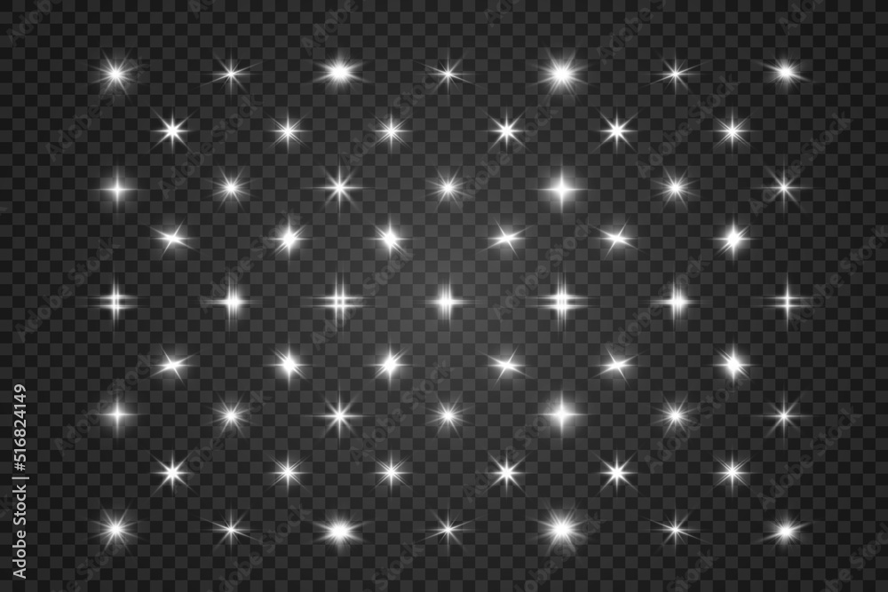 Set of bright beautiful stars. Light effect Bright Star. Beautiful light for illustration. Christmas star. White sparks sparkle with a special light. Vector sparkles on transparent background Set of bright beautiful stars. Light effect Bright Star. Beautiful light for illustration. Christmas star. White sparks sparkle with a special light. Vector sparkles on transparent background