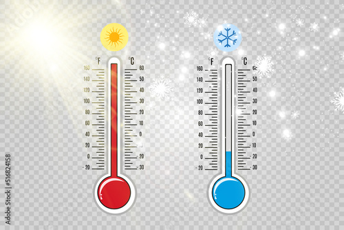 Meteorological thermometers on a white background. Blue and red thermometers. Vector illustration	
