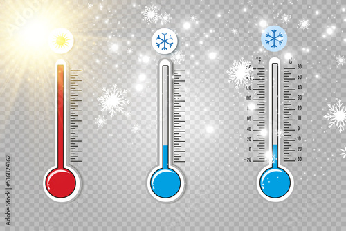 Meteorological thermometers on a white background. Blue and red thermometers. Vector illustration	
