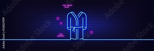 Neon light glow effect. Bathrobe line icon. Housecoat robe sign. Fabric dressing gown symbol. 3d line neon glow icon. Brick wall banner. Bathrobe outline. Vector