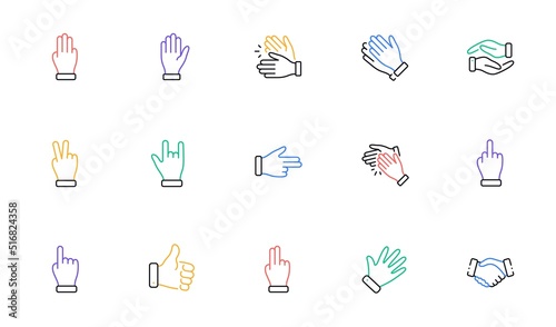 Hand gestures line icons. Handshake, Clapping hands, Victory. Horns, Thumb up finger, drag and drop icons. Donation hand gestures, middle finger, helping hand. Linear set. Vector