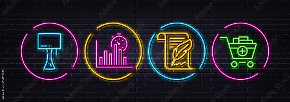 Table lamp, Feather and Report timer minimal line icons. Neon laser 3d lights. Add products icons. For web, application, printing. Bedside lamp, Copyright page, Growth chart. Shopping cart. Vector