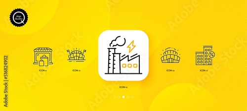 Sports arena, Loan house and Electricity factory minimal line icons. Yellow abstract background. Arena stadium, Market icons. For web, application, printing. Vector
