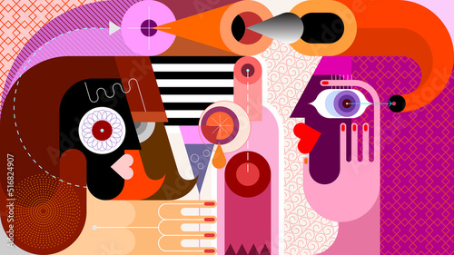 Two people drinking alcohol, conversing and exchanging thoughts. Vector artwork.