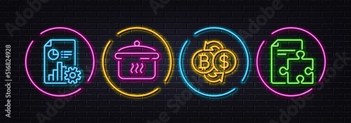 Boiling pan, Report and Bitcoin exchange minimal line icons. Neon laser 3d lights. Strategy icons. For web, application, printing. Cooking utensil, Presentation document, Cryptocurrency change. Vector