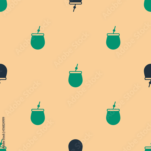 Green and black Mate tea icon isolated seamless pattern on beige background. Vector