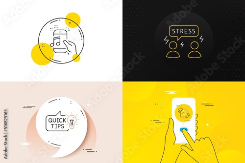 Minimal set of Difficult stress, Technical algorithm and Music phone line icons. Phone screen, Quote banners. Education idea icons. For web development. Mind anxiety, Project doc, Radio sound. Vector