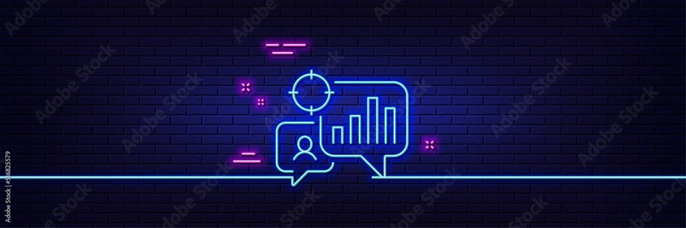Neon light glow effect. Seo statistics line icon. Search engine optimization sign. Analytics chart symbol. 3d line neon glow icon. Brick wall banner. Seo statistics outline. Vector