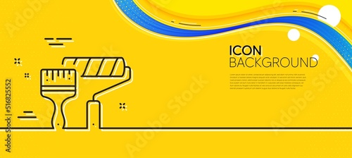 Paint roller line icon. Abstract yellow background. Wall roll brush sign. Painter tool symbol. Minimal paint roller line icon. Wave banner concept. Vector photo